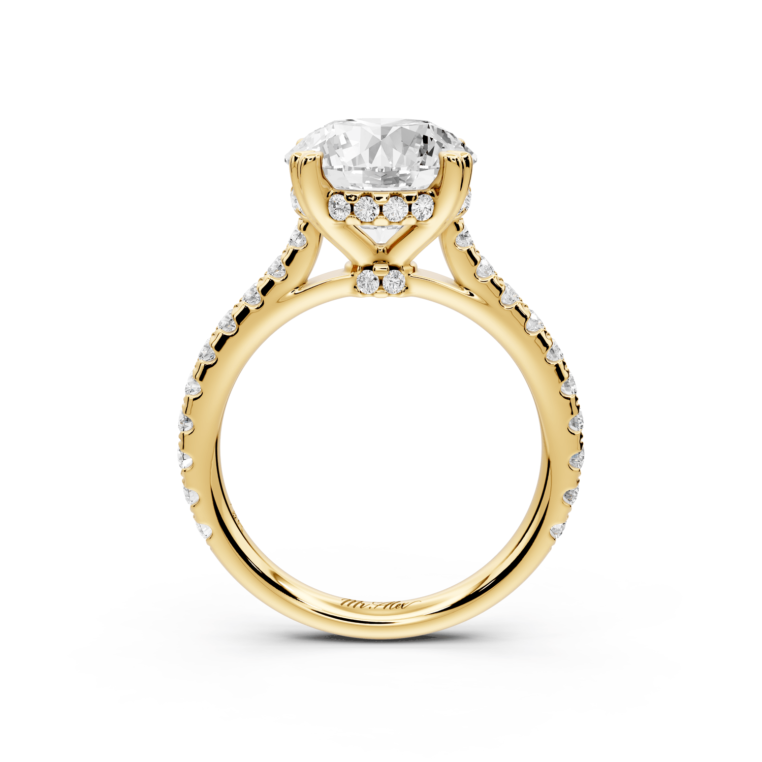 Isabella - 3ct 14k yellow gold round hidden halo diamond bridge cathedral pavé engagment ring - Mr. Alex Jewelry