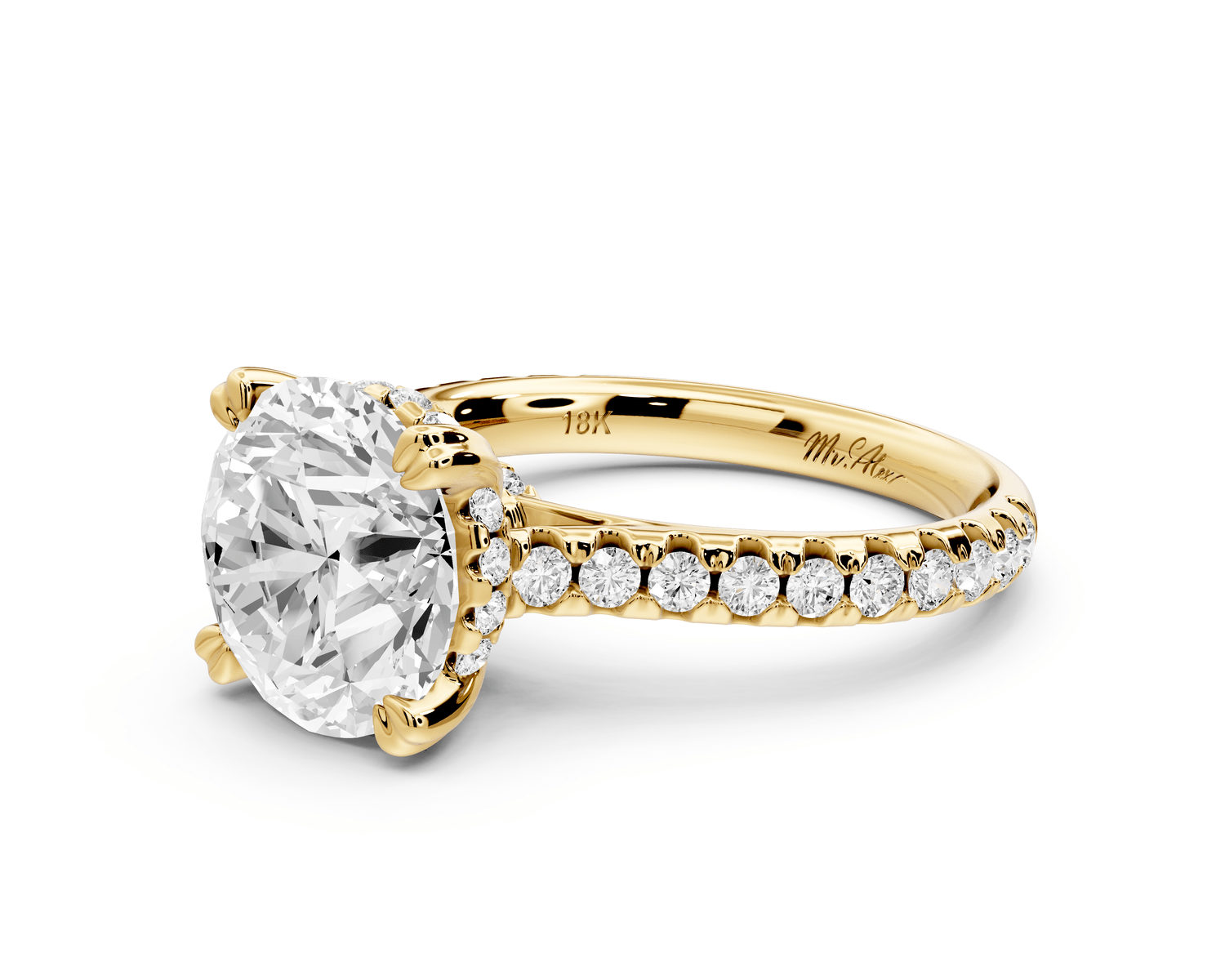 Isabella - 3ct 14k yellow gold round hidden halo diamond bridge cathedral pavé engagment ring - Mr. Alex Jewelry