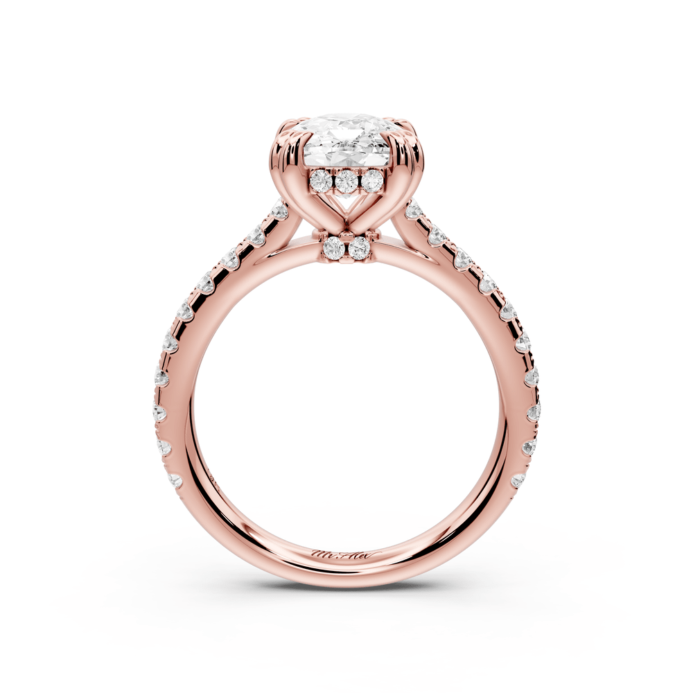 Isabella - 3ct 18k rose gold ecushion hidden halo diamond bridge cathedral pavé engagement ring - Mr. Alex Jewelry