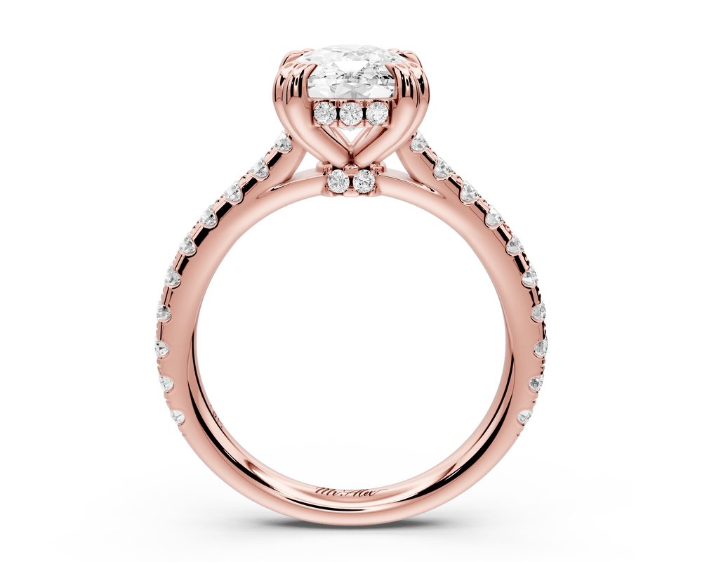 Isabella - 3ct 18k rose gold ecushion hidden halo diamond bridge cathedral pavé engagement ring - Mr. Alex Jewelry