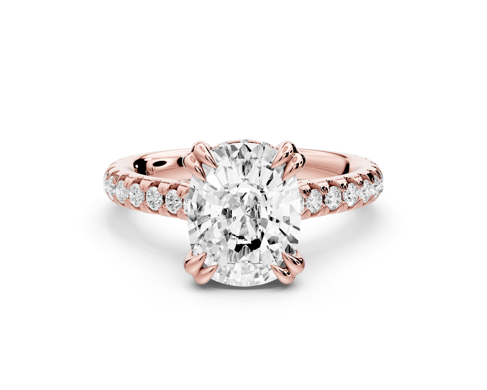 Isabella - 3ct 18k rose gold ecushion hidden halo diamond bridge cathedral pavé engagement ring - Mr. Alex Jewelry