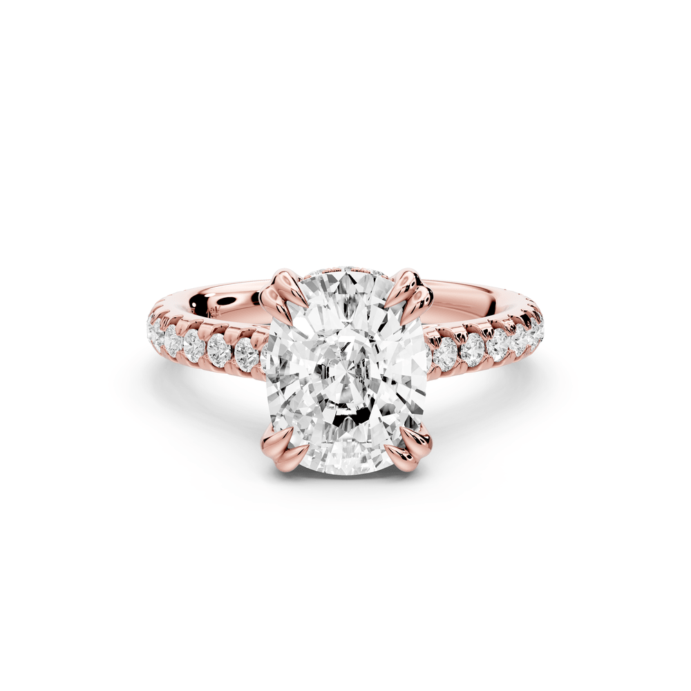 Isabella - 3ct 18k rose gold ecushion hidden halo diamond bridge cathedral pavé engagement ring - Mr. Alex Jewelry
