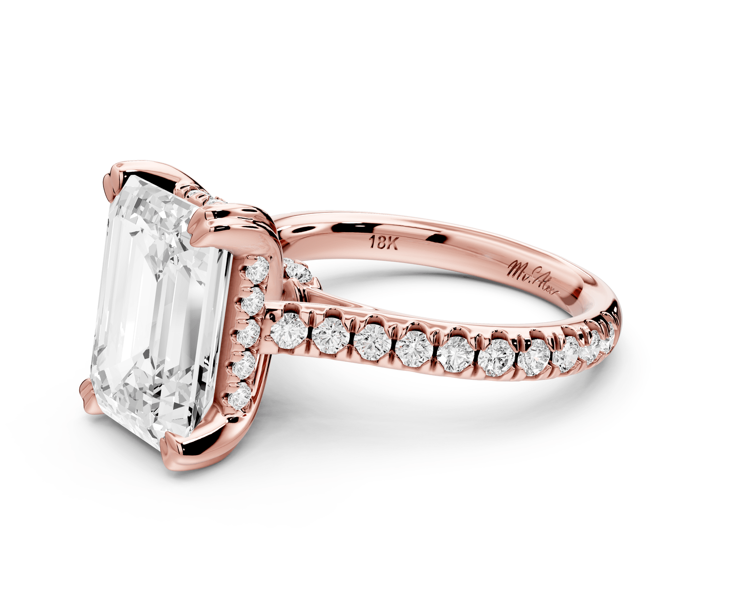 Isabella - 3ct 18k rose gold emerald hidden halo diamond bridge cathedral pavé Engagement ring - Mr. Alex Jewelry