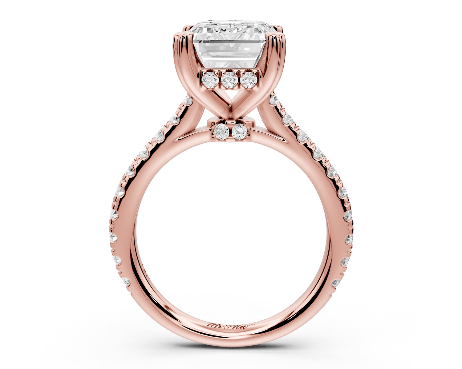 Isabella - 3ct 18k rose gold emerald hidden halo diamond bridge cathedral pavé Engagement ring - Mr. Alex Jewelry
