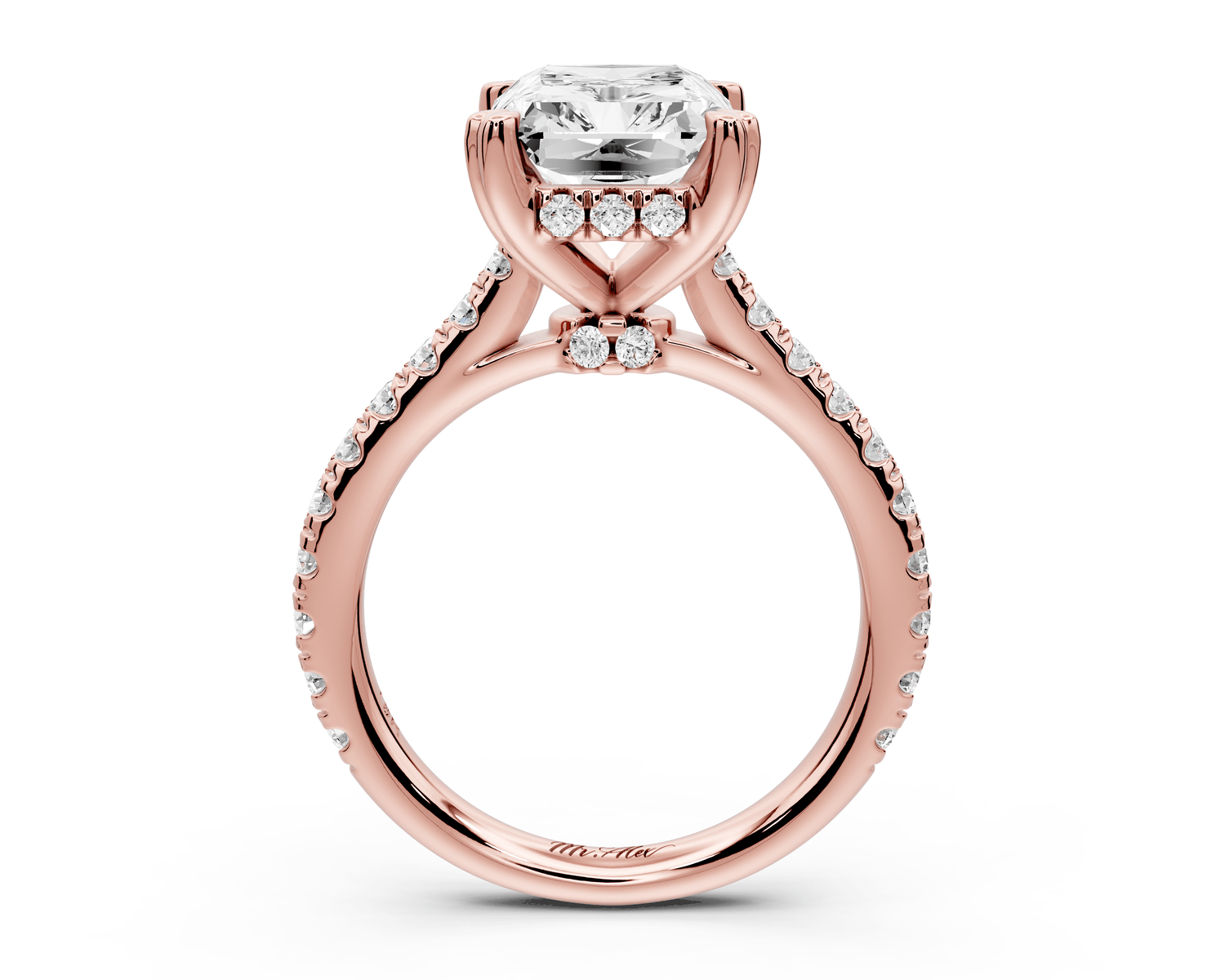 Isabella - 3ct 18k rose gold radiant hidden halo diamond bridge cathedral pavé engagement ring - Mr. Alex Jewelry