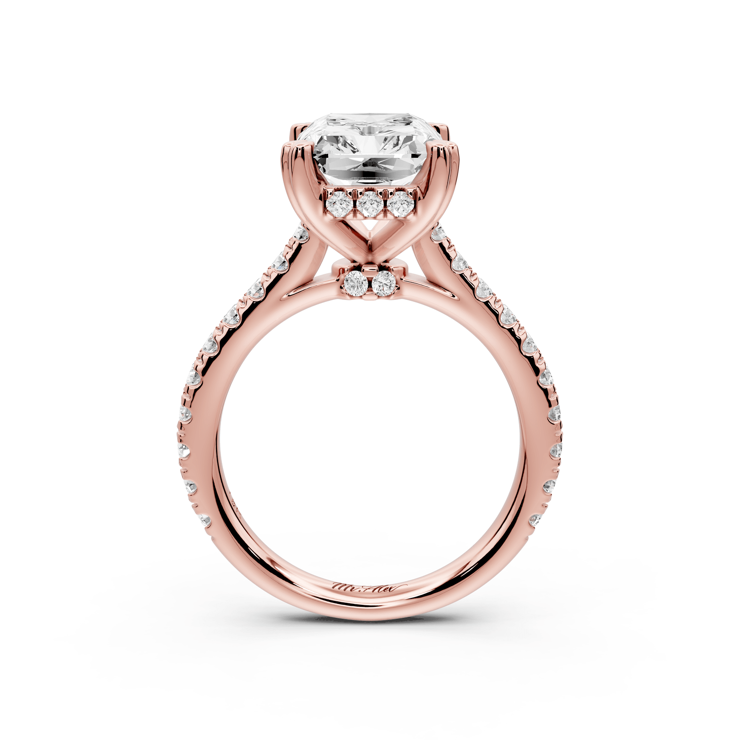 Isabella - 3ct 18k rose gold radiant hidden halo diamond bridge cathedral pavé engagement ring - Mr. Alex Jewelry