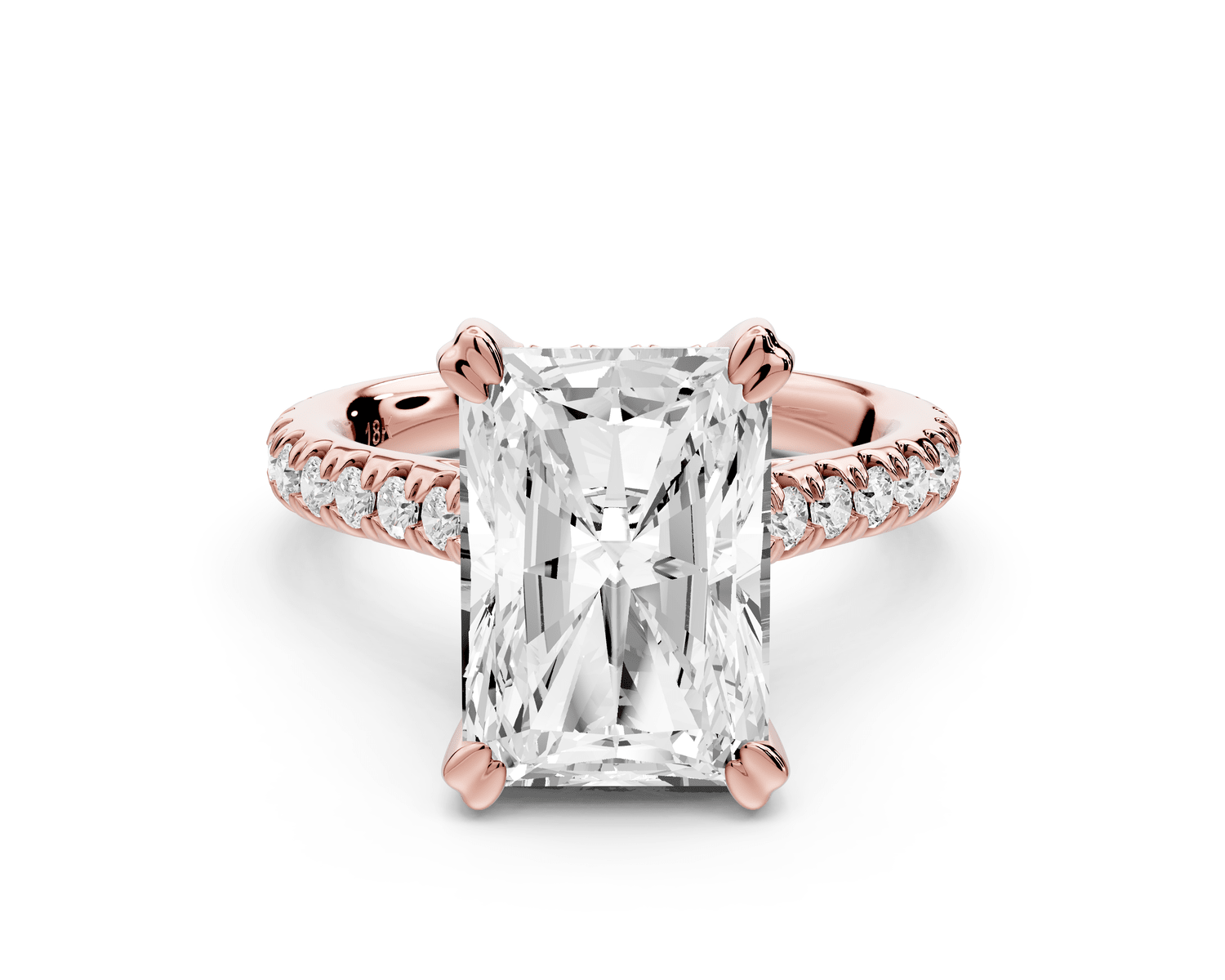 Isabella - 3ct 18k rose gold radiant hidden halo diamond bridge cathedral pavé engagement ring - Mr. Alex Jewelry