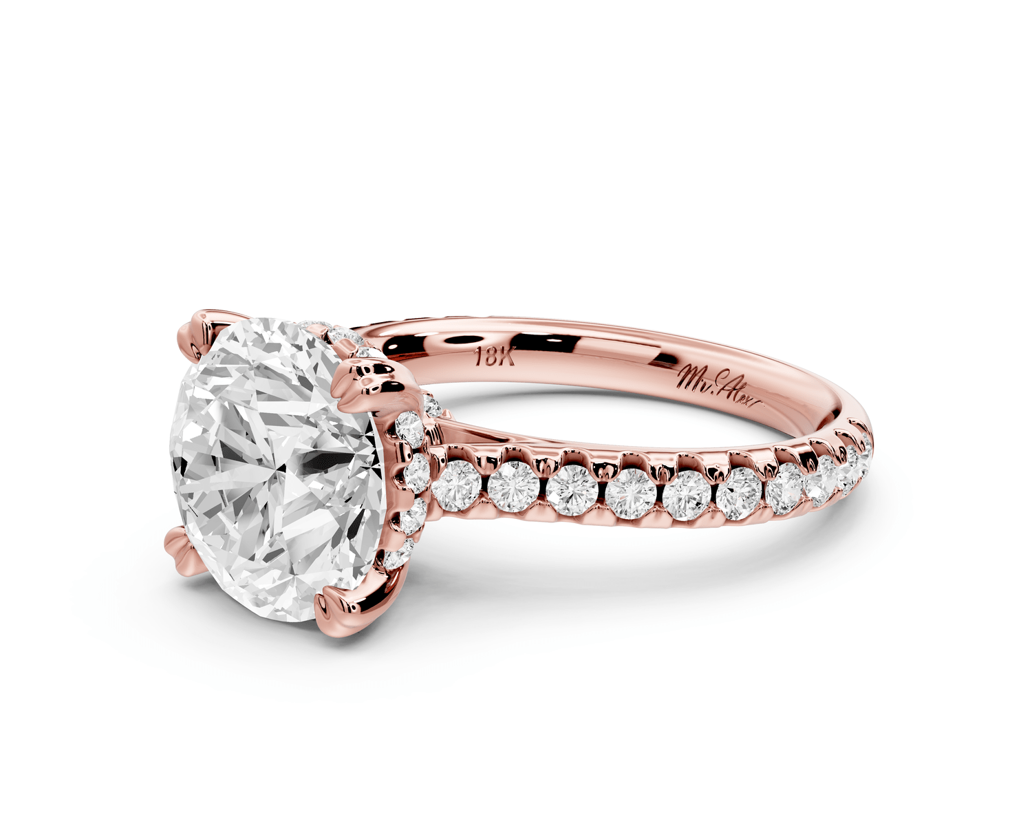 Isabella - 3ct 18k rose gold round hidden halo diamond bridge cathedral pavé engagment ring - Mr. Alex Jewelry