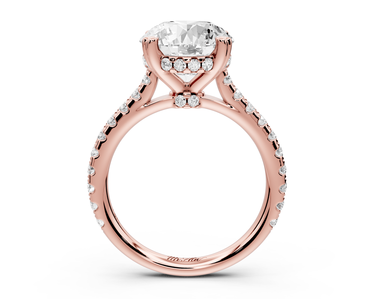 Isabella - 3ct 18k rose gold round hidden halo diamond bridge cathedral pavé engagment ring - Mr. Alex Jewelry