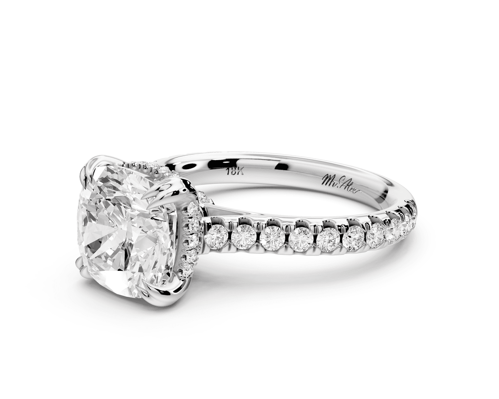 Isabella - 3ct 18k white gold cushion hidden halo diamond bridge cathedral pavé engagement ring - Mr. Alex Jewelry