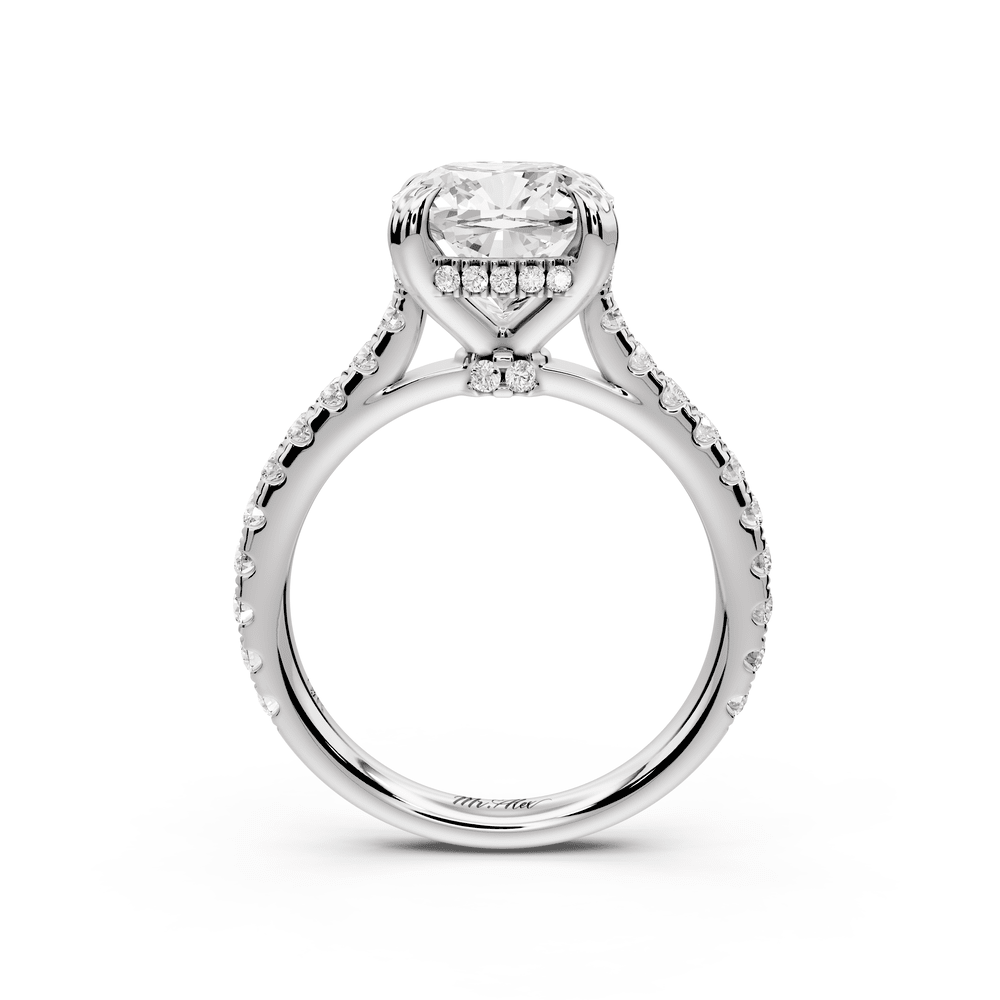 Isabella - 3ct 18k white gold cushion hidden halo diamond bridge cathedral pavé engagement ring - Mr. Alex Jewelry