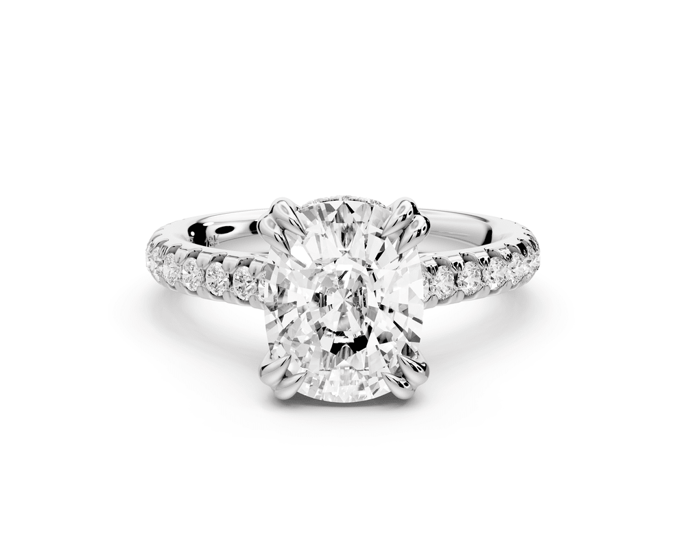 Isabella - 3ct 18k white gold ecushion hidden halo diamond bridge cathedral pavé engagement ring - Mr. Alex Jewelry
