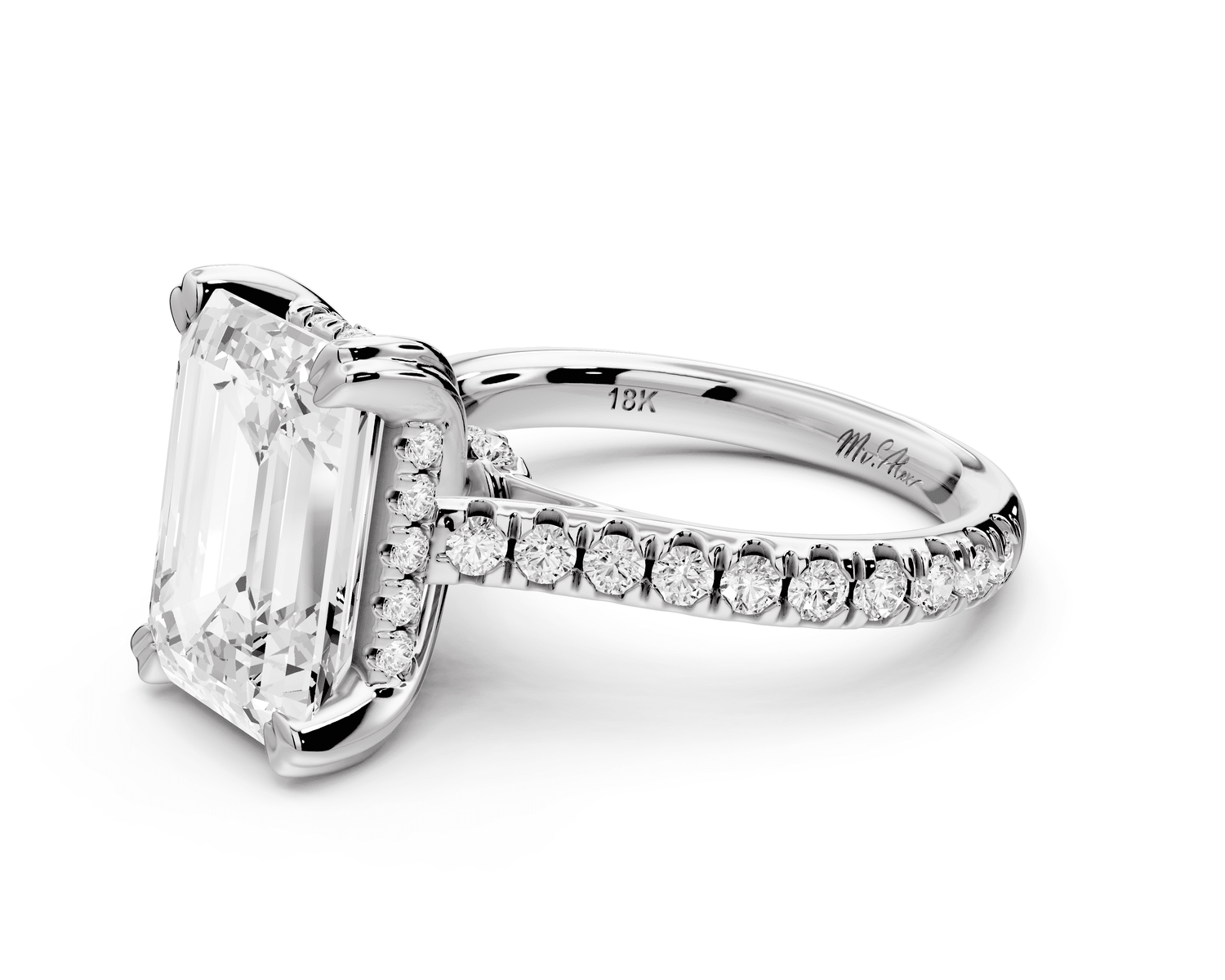 Isabella - 3ct 18k white gold emerald hidden halo diamond bridge cathedral pavé Engagement ring - Mr. Alex Jewelry