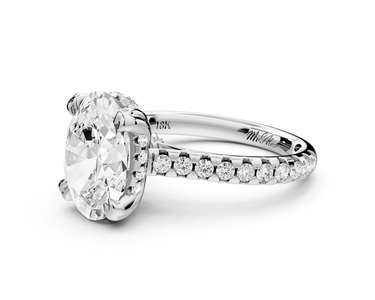 Isabella - 3ct 18k white gold oval hidden halo diamond bridge cathedral pavé Engagement ring - Mr. Alex Jewelry