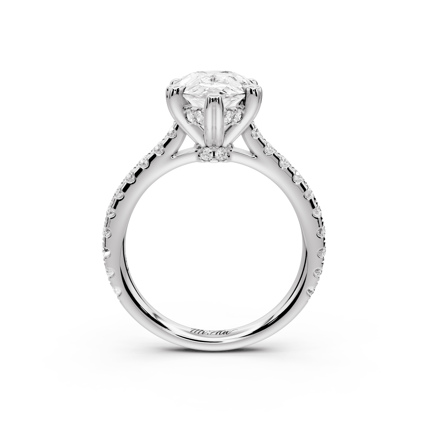 Isabella - 3ct 18k white gold pear hidden halo diamond bridge cathedral pavé Engagement ring - Mr. Alex Jewelry