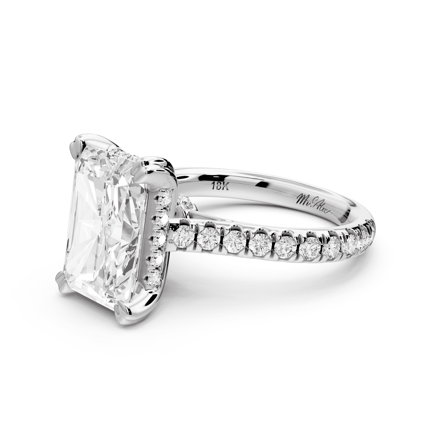 Isabella - 3ct 18k white gold radiant hidden halo diamond bridge cathedral pavé engagement ring - Mr. Alex Jewelry