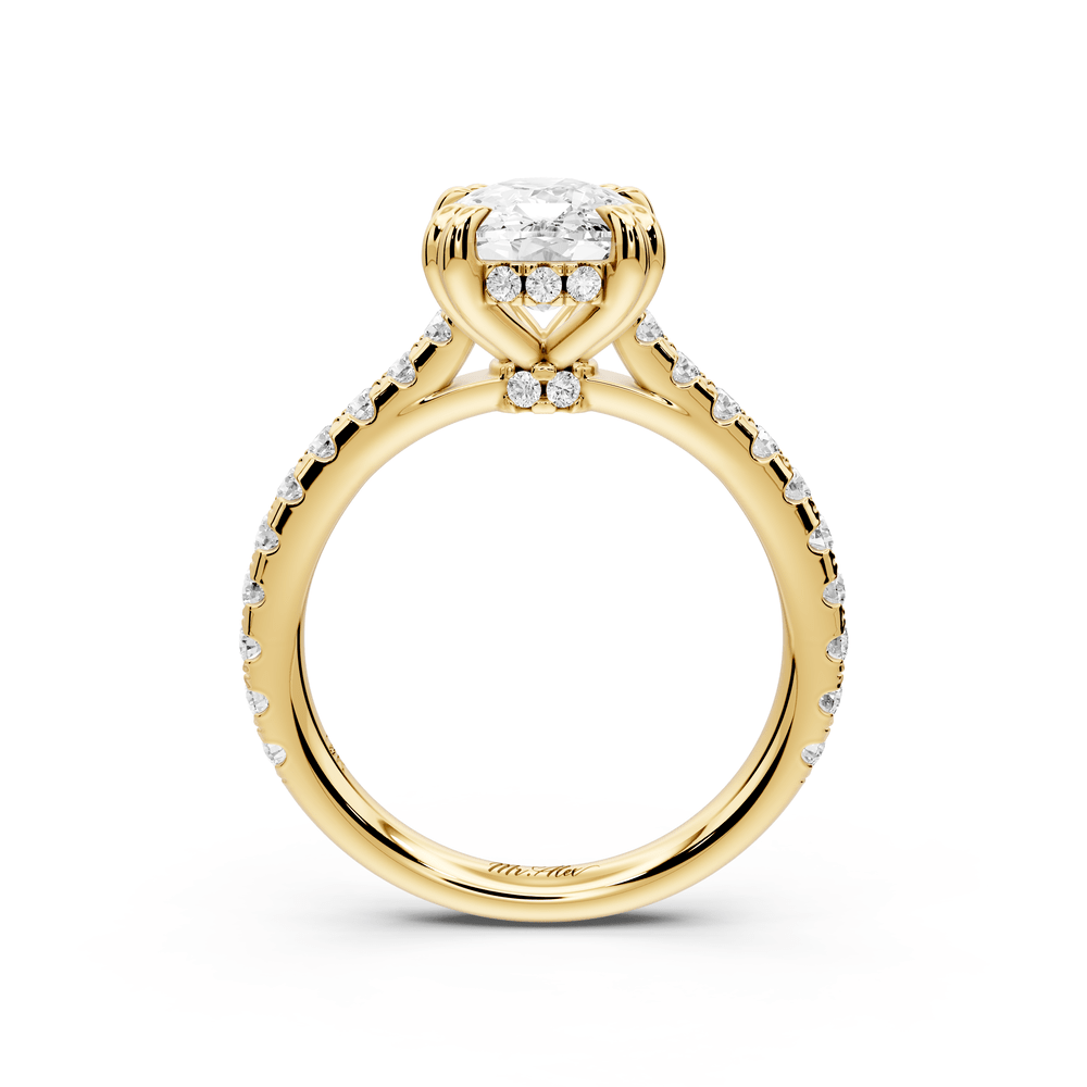 Isabella - 3ct 18k yellow gold ecushion hidden halo diamond bridge cathedral pavé engagement ring - Mr. Alex Jewelry