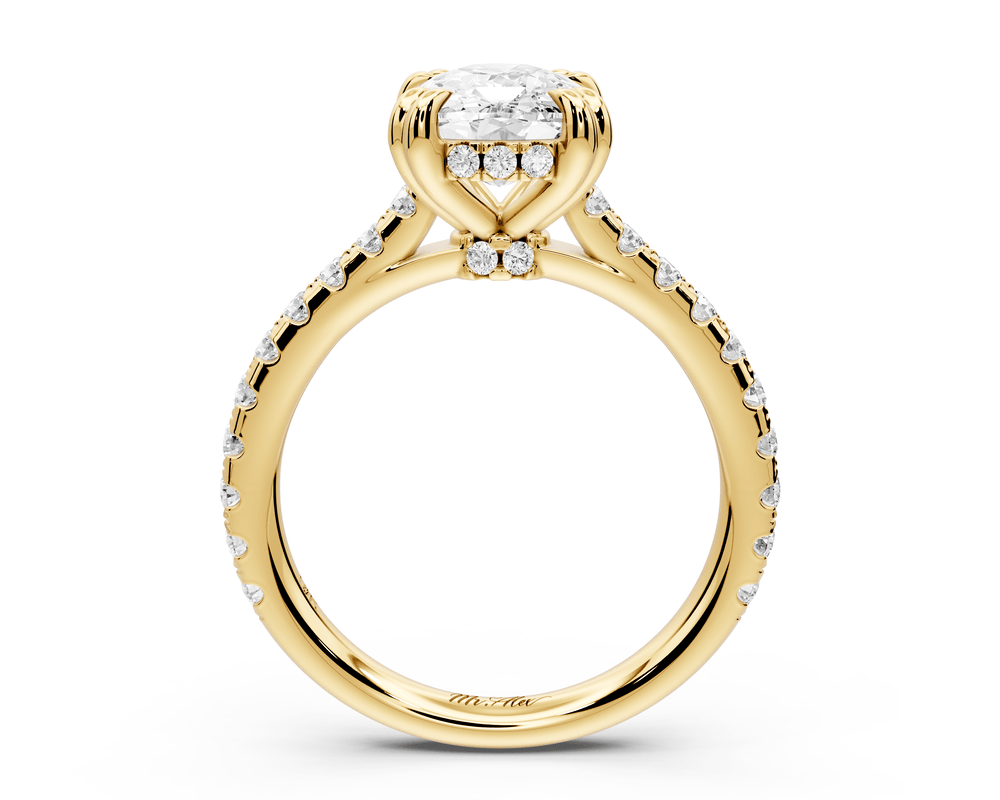 Isabella - 3ct 18k yellow gold ecushion hidden halo diamond bridge cathedral pavé engagement ring - Mr. Alex Jewelry