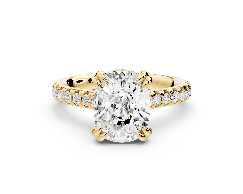 Isabella - 3ct 18k yellow gold ecushion hidden halo diamond bridge cathedral pavé engagement ring - Mr. Alex Jewelry