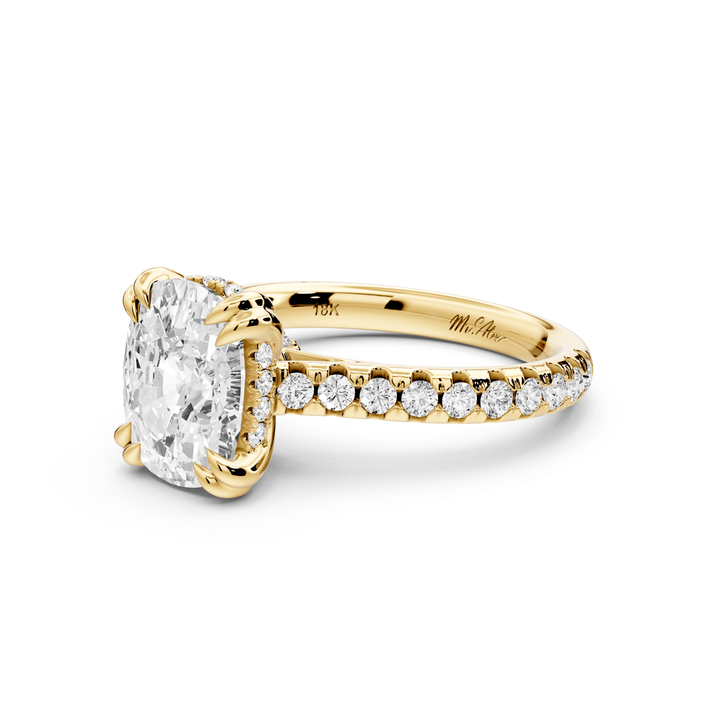 Isabella - 3ct 18k yellow gold ecushion hidden halo diamond bridge cathedral pavé engagement ring - Mr. Alex Jewelry