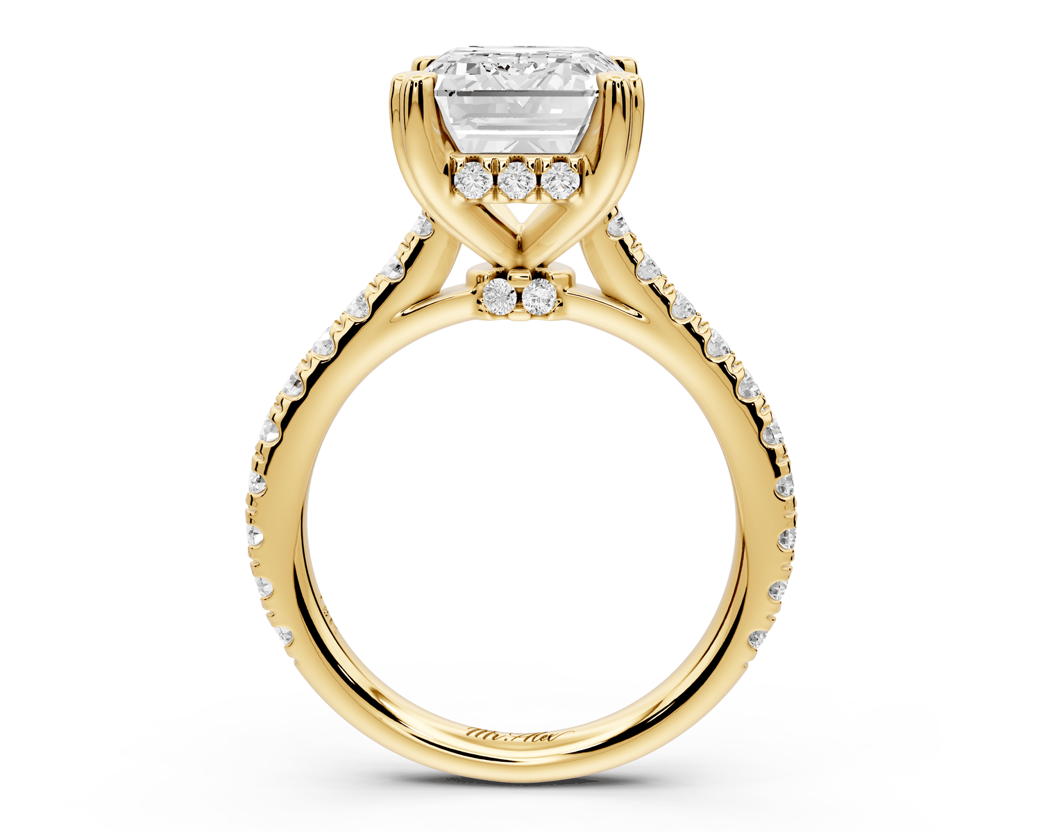 Isabella - 3ct 18k yellow gold emerald hidden halo diamond bridge cathedral pavé Engagement ring - Mr. Alex Jewelry