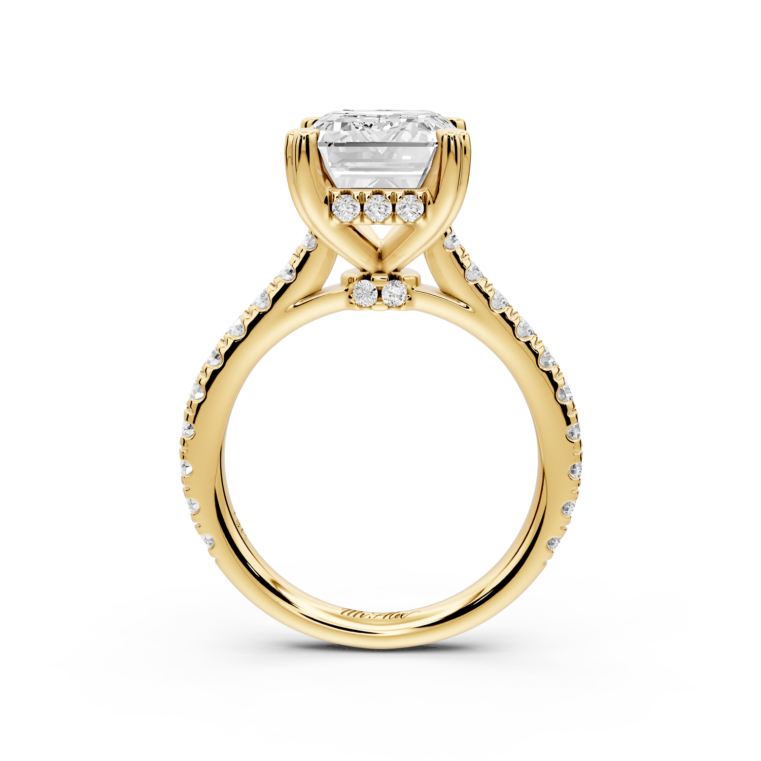 Isabella - 3ct 18k yellow gold emerald hidden halo diamond bridge cathedral pavé Engagement ring - Mr. Alex Jewelry