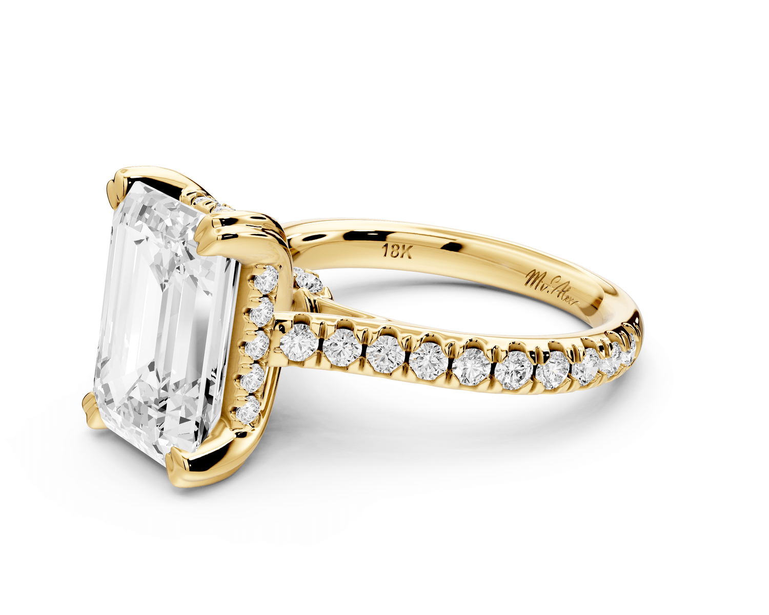 Isabella - 3ct 18k yellow gold emerald hidden halo diamond bridge cathedral pavé Engagement ring - Mr. Alex Jewelry