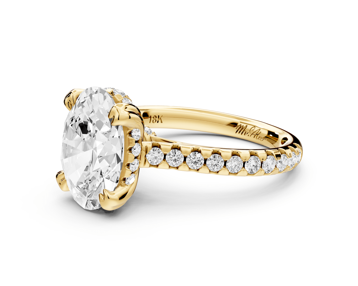 Isabella - 3ct 18k yellow gold oval hidden halo diamond bridge cathedral pavé Engagement ring - Mr. Alex Jewelry
