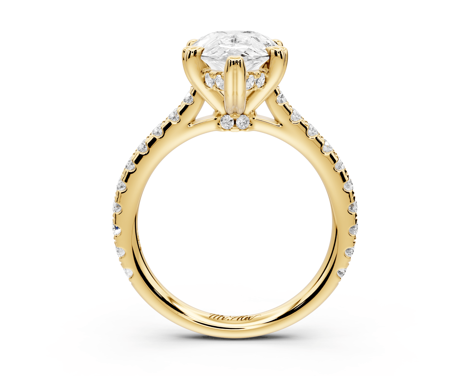 Isabella - 3ct 18k yellow gold pear hidden halo diamond bridge cathedral pavé Engagement ring - Mr. Alex Jewelry