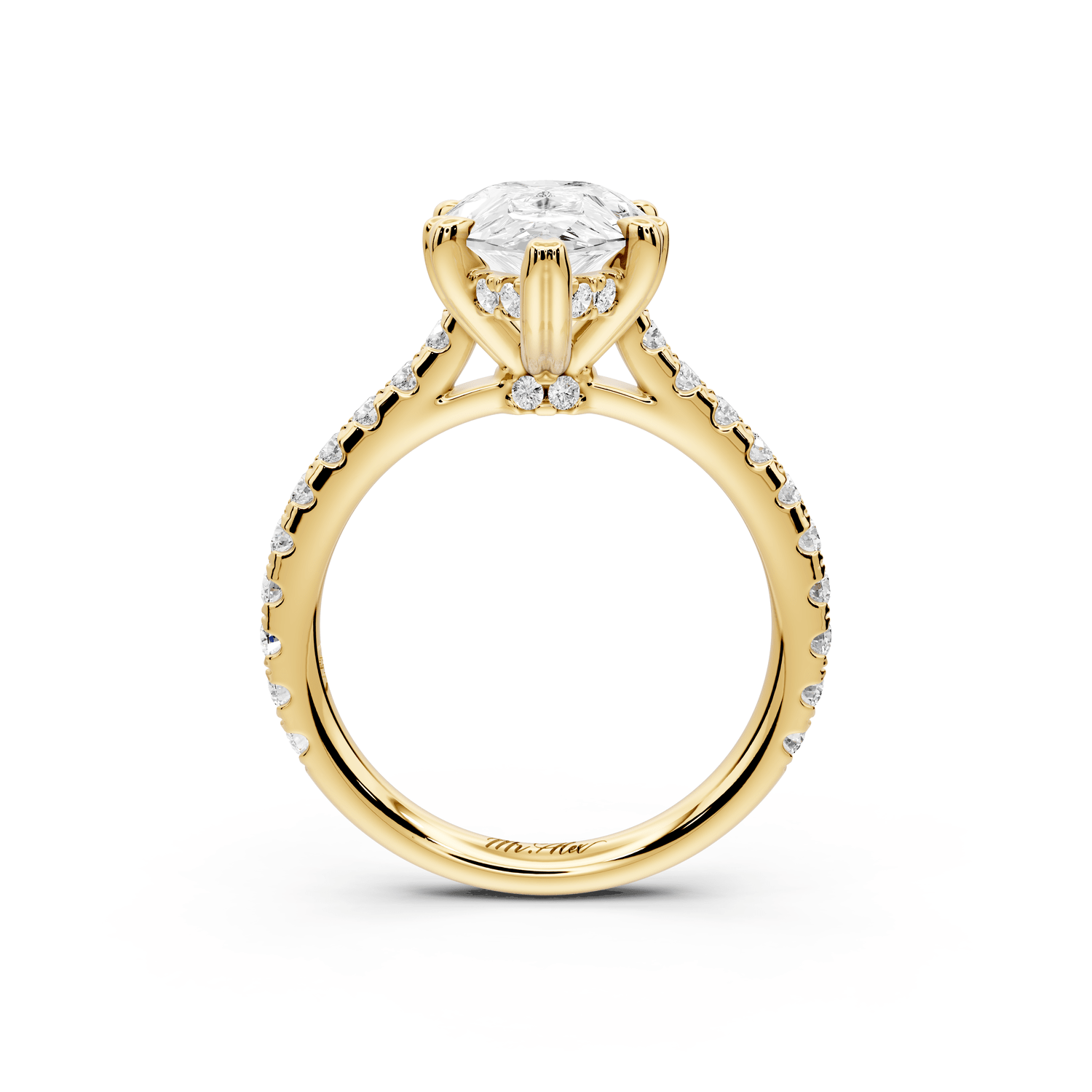 Isabella - 3ct 18k yellow gold pear hidden halo diamond bridge cathedral pavé Engagement ring - Mr. Alex Jewelry