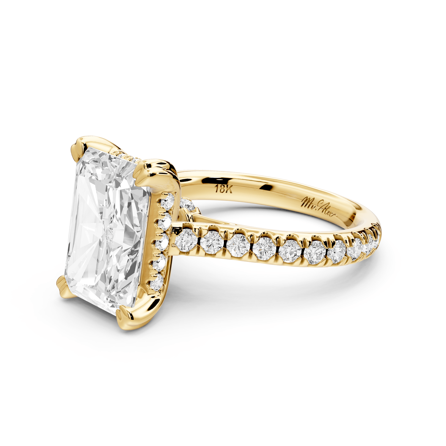 Isabella - 3ct 18k yellow gold radiant hidden halo diamond bridge cathedral pavé engagement ring - Mr. Alex Jewelry