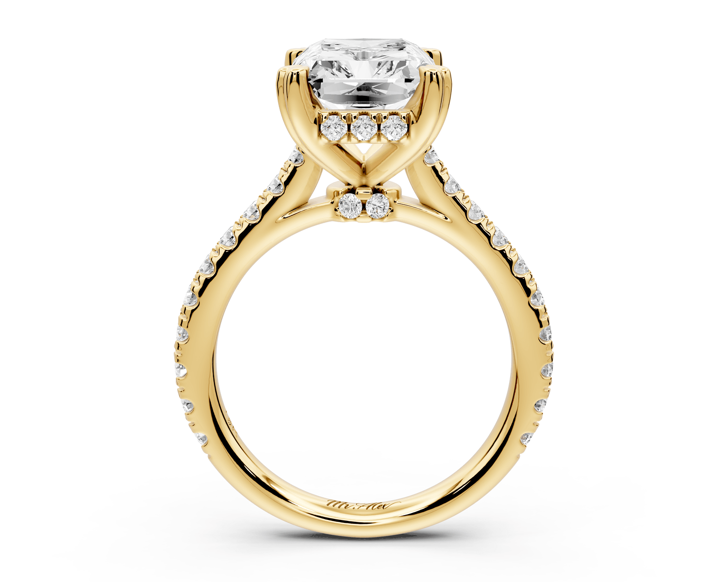 Isabella - 3ct 18k yellow gold radiant hidden halo diamond bridge cathedral pavé engagement ring - Mr. Alex Jewelry
