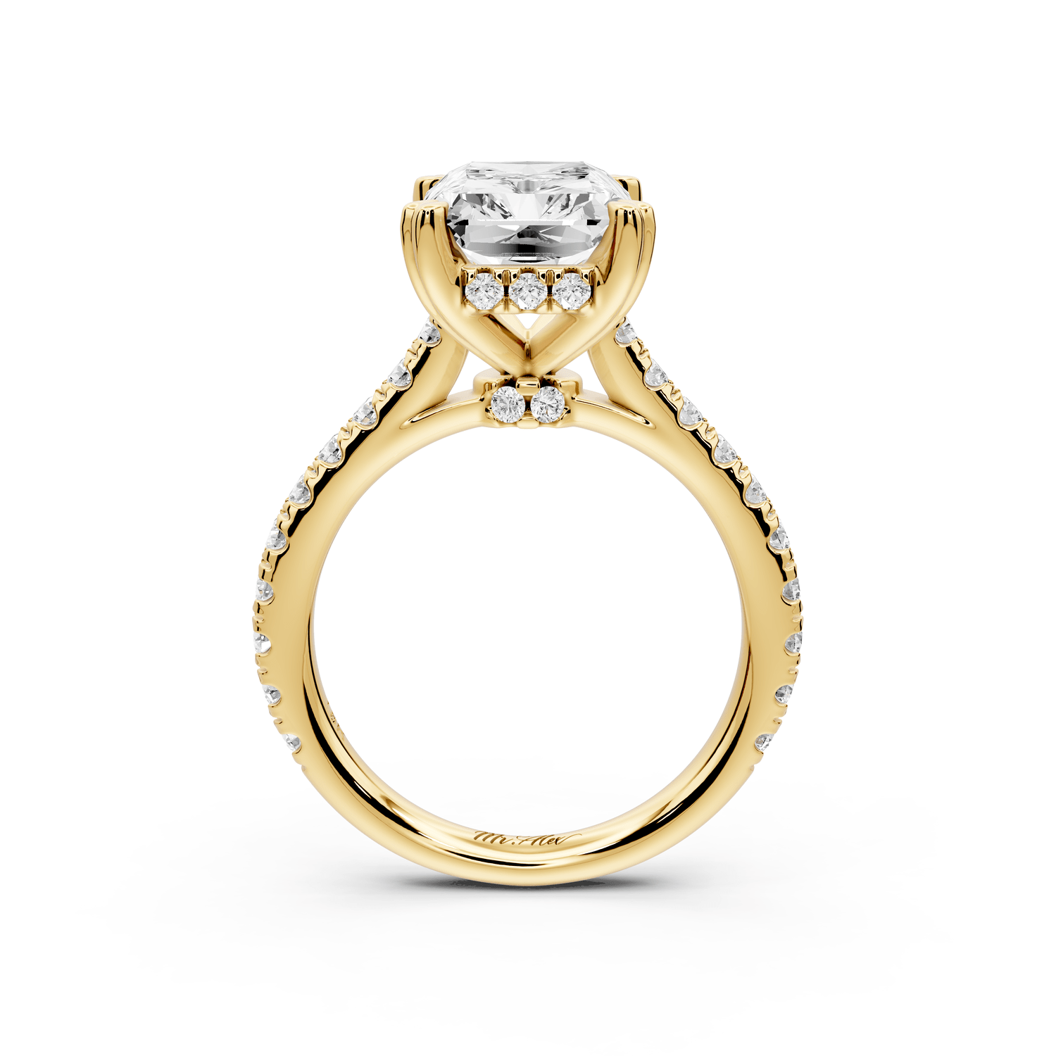 Isabella - 3ct 18k yellow gold radiant hidden halo diamond bridge cathedral pavé engagement ring - Mr. Alex Jewelry