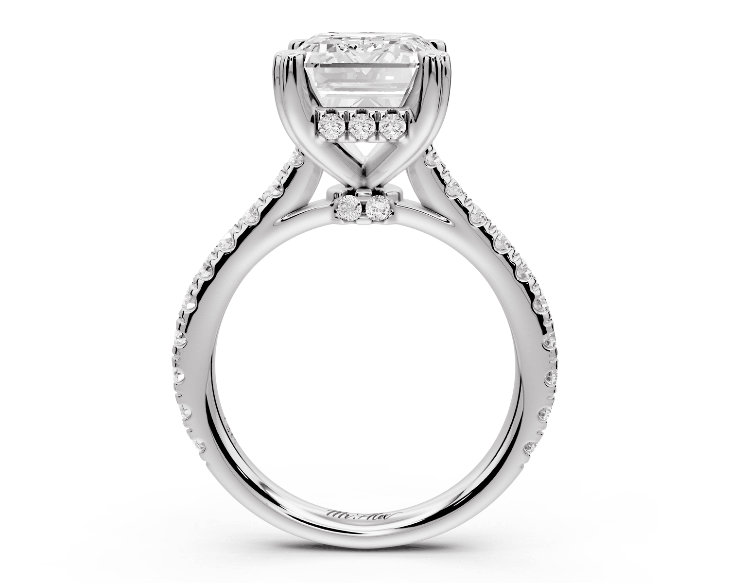 Isabella - 3ct platinum emerald hidden halo diamond bridge cathedral pavé Engagement ring - Mr. Alex Jewelry
