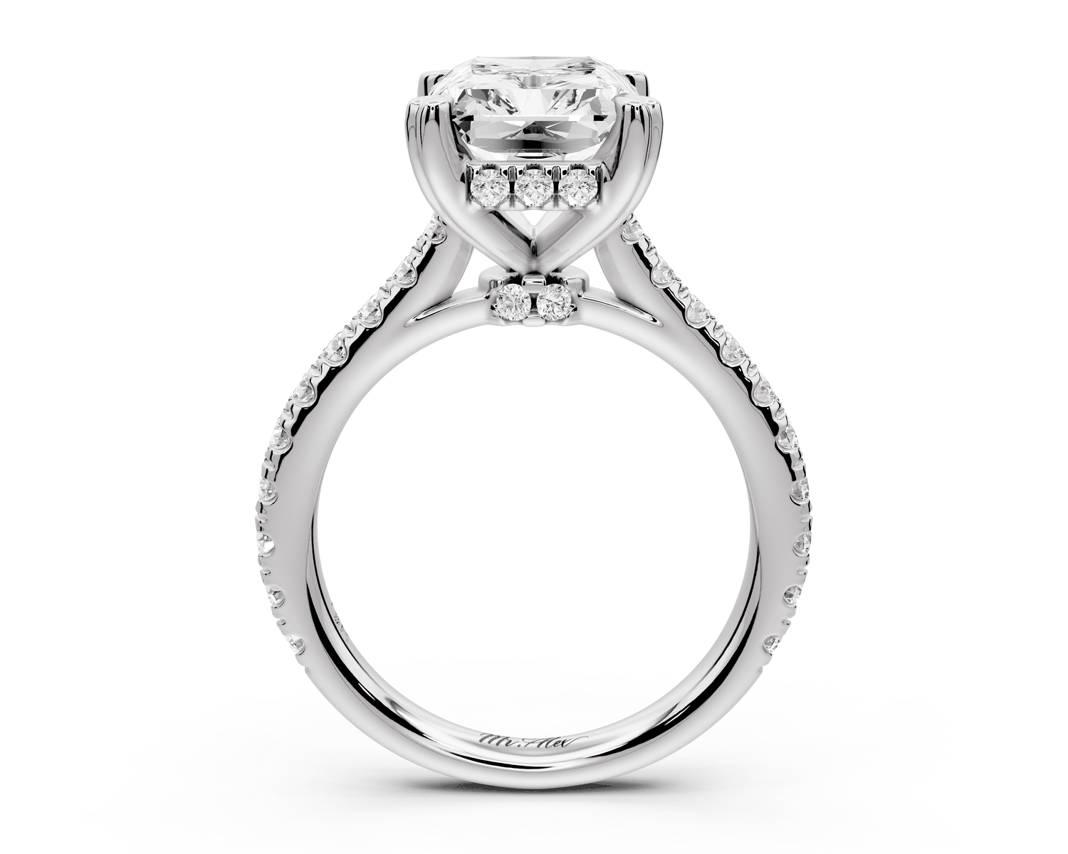 Isabella - 3ct platinum radiant hidden halo diamond bridge cathedral pavé engagement ring - Mr. Alex Jewelry