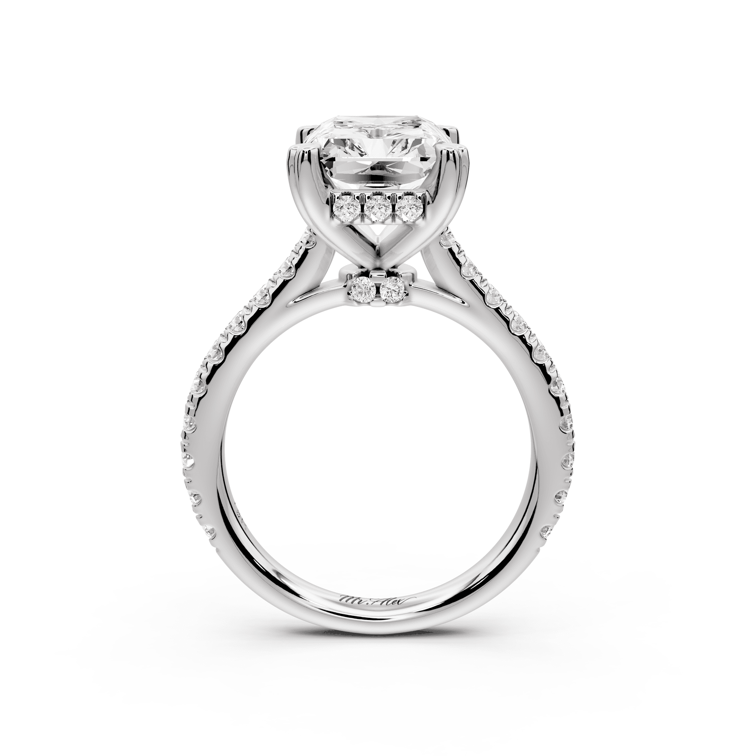 Isabella - 3ct platinum radiant hidden halo diamond bridge cathedral pavé engagement ring - Mr. Alex Jewelry