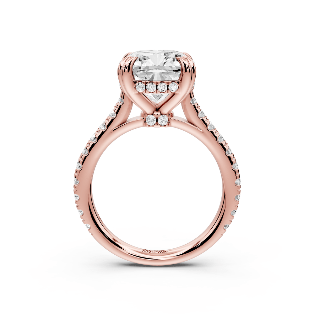 Isabella - 4ct 14k rose gold cushion hidden halo diamond bridge cathedral pavé engagement ring - Mr. Alex Jewelry