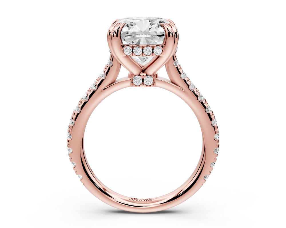 Isabella - 4ct 14k rose gold cushion hidden halo diamond bridge cathedral pavé engagement ring - Mr. Alex Jewelry