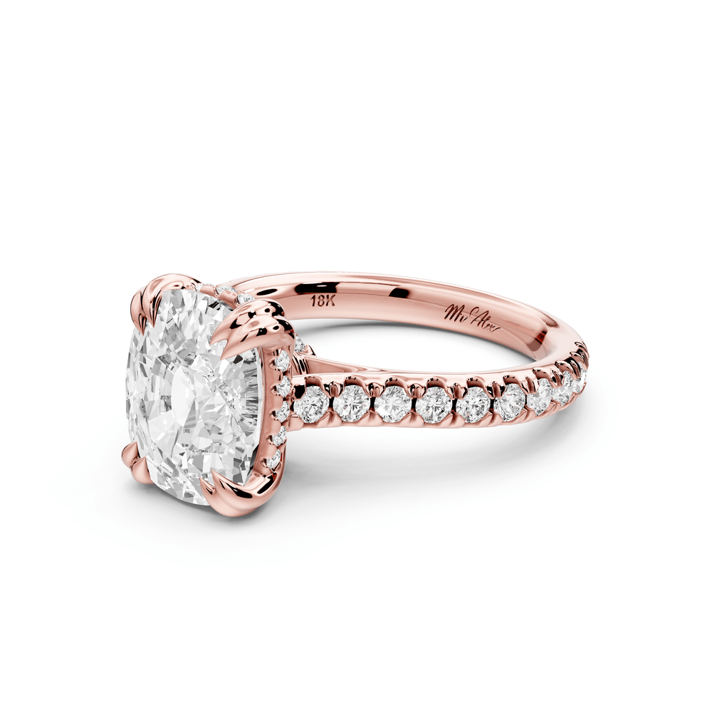Isabella - 4ct 14k rose gold ecushion hidden halo diamond bridge cathedral pavé engagement ring - Mr. Alex Jewelry
