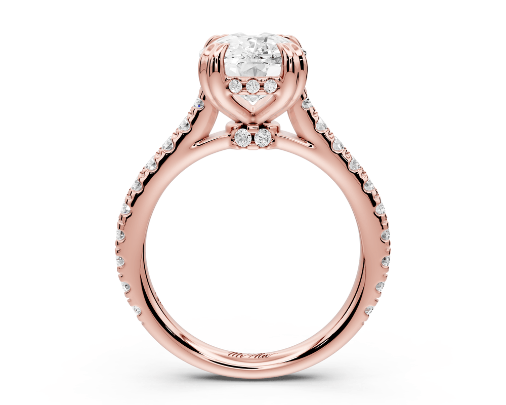Isabella - 4ct 14k rose gold ecushion hidden halo diamond bridge cathedral pavé engagement ring - Mr. Alex Jewelry