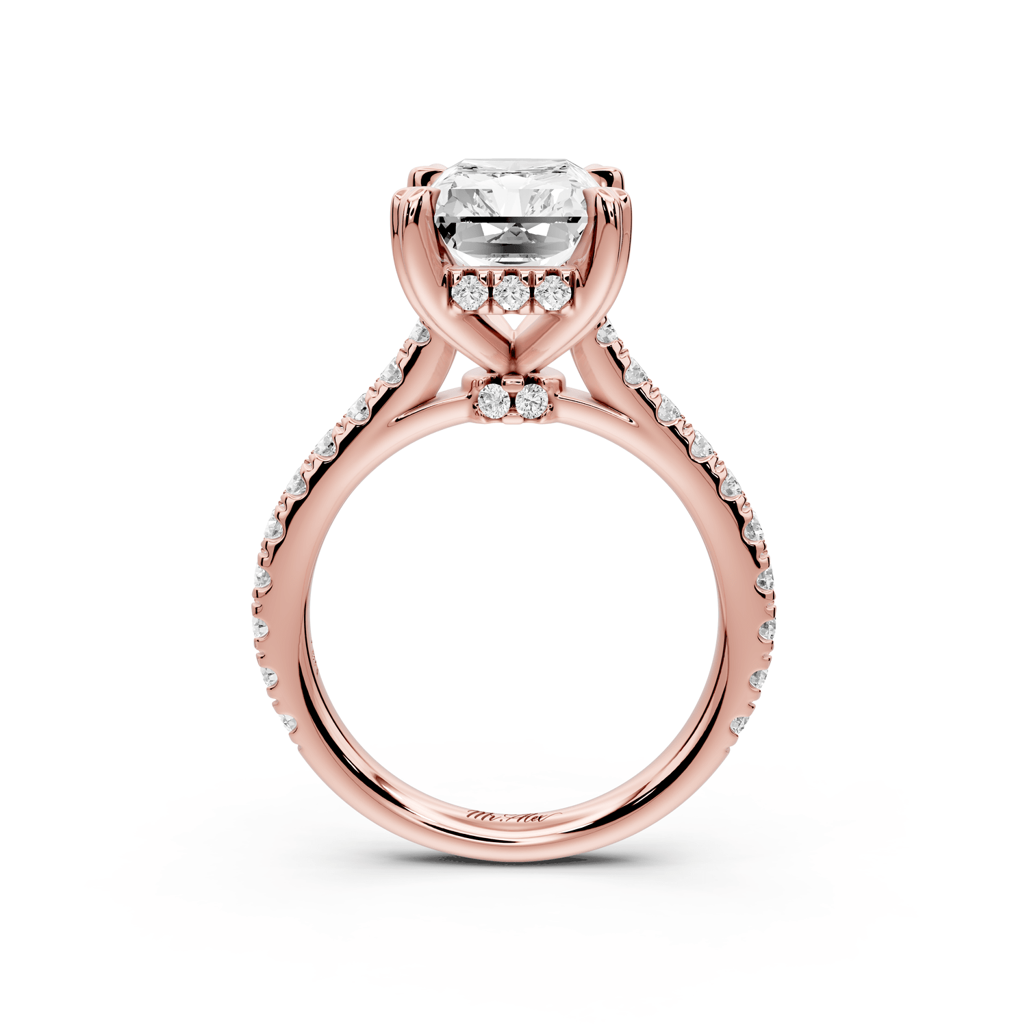 Isabella - 4ct 14k rose gold radiant hidden halo diamond bridge cathedral pavé engagement ring - Mr. Alex Jewelry
