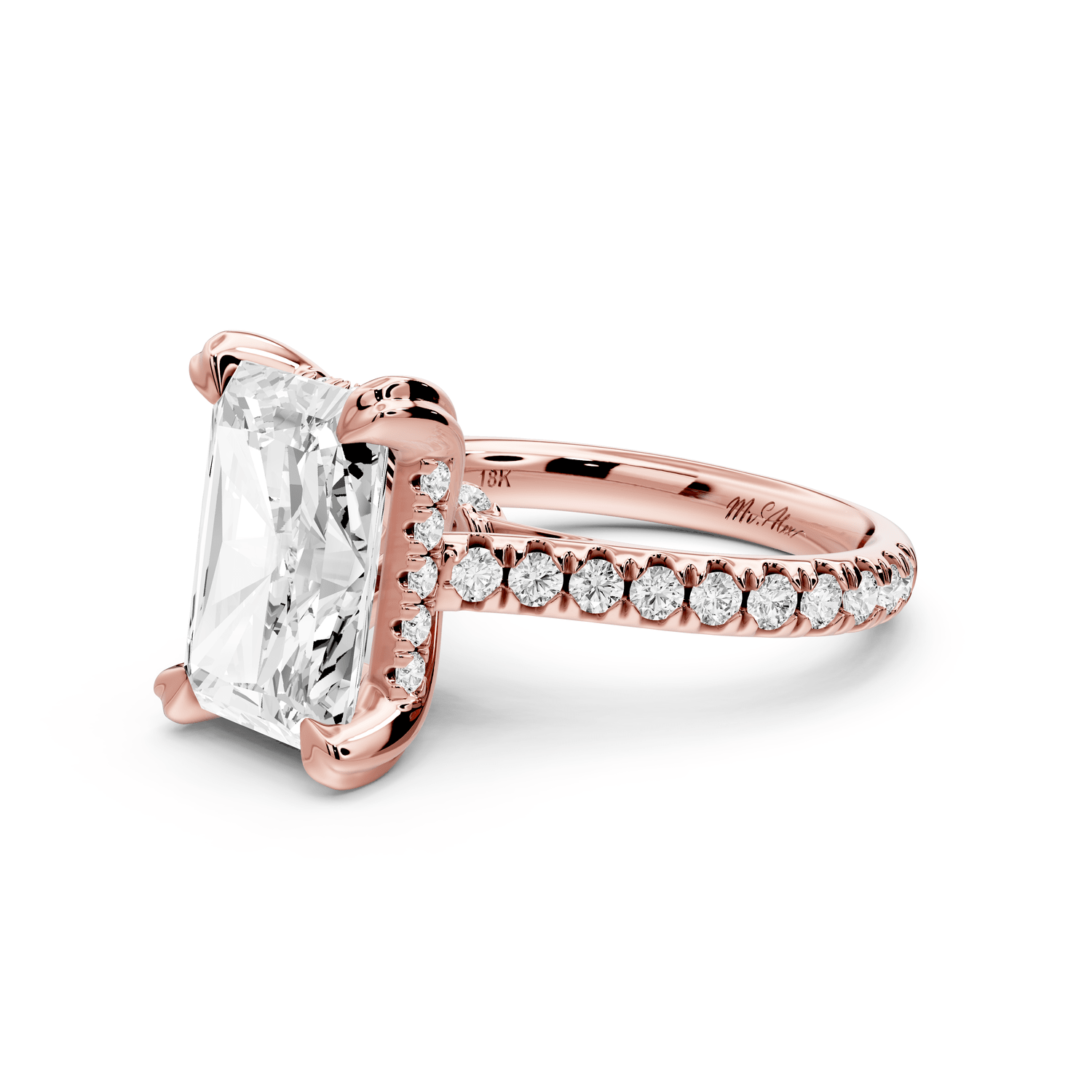 Isabella - 4ct 14k rose gold radiant hidden halo diamond bridge cathedral pavé engagement ring - Mr. Alex Jewelry