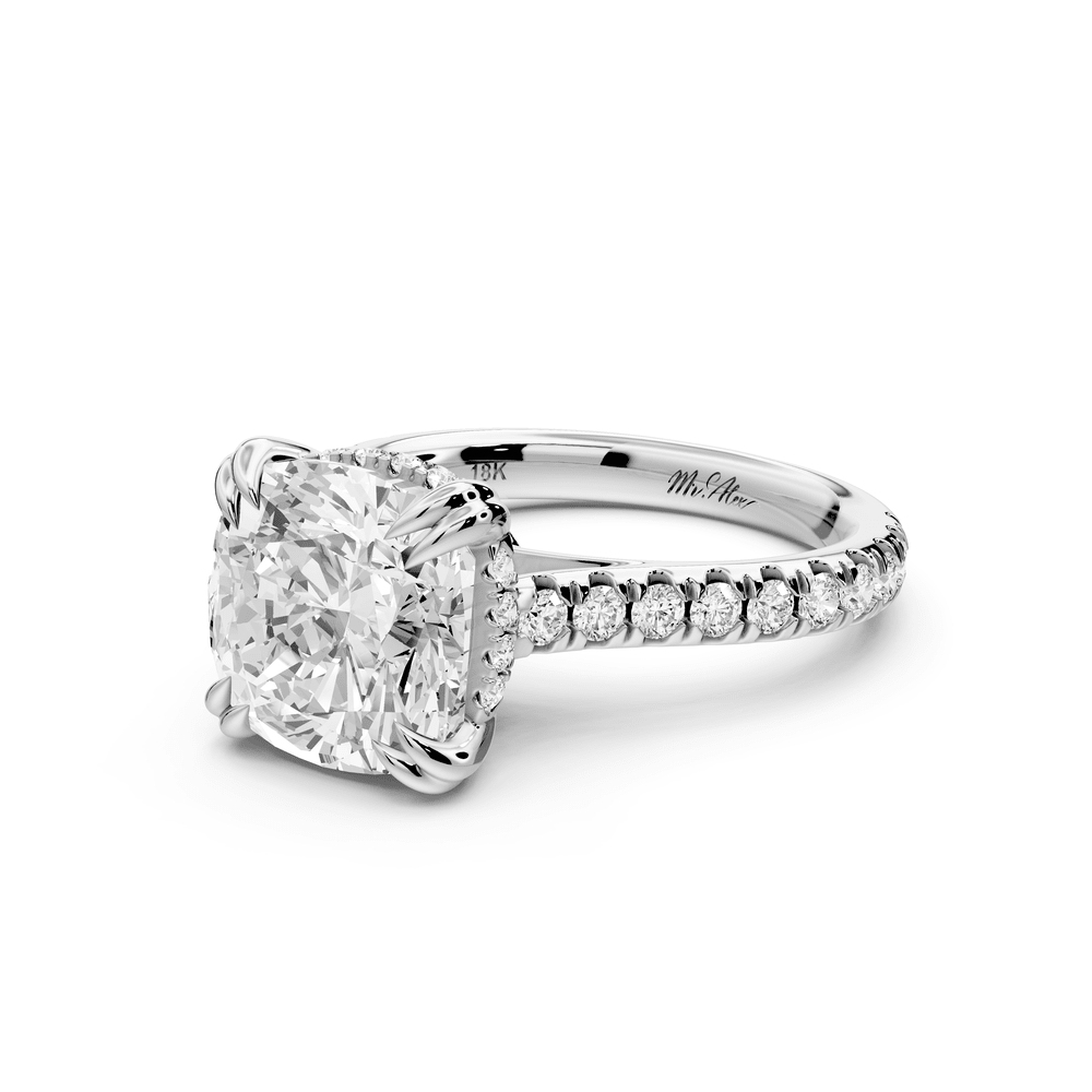 Isabella - 4ct 14k white gold cushion hidden halo diamond bridge cathedral pavé engagement ring - Mr. Alex Jewelry