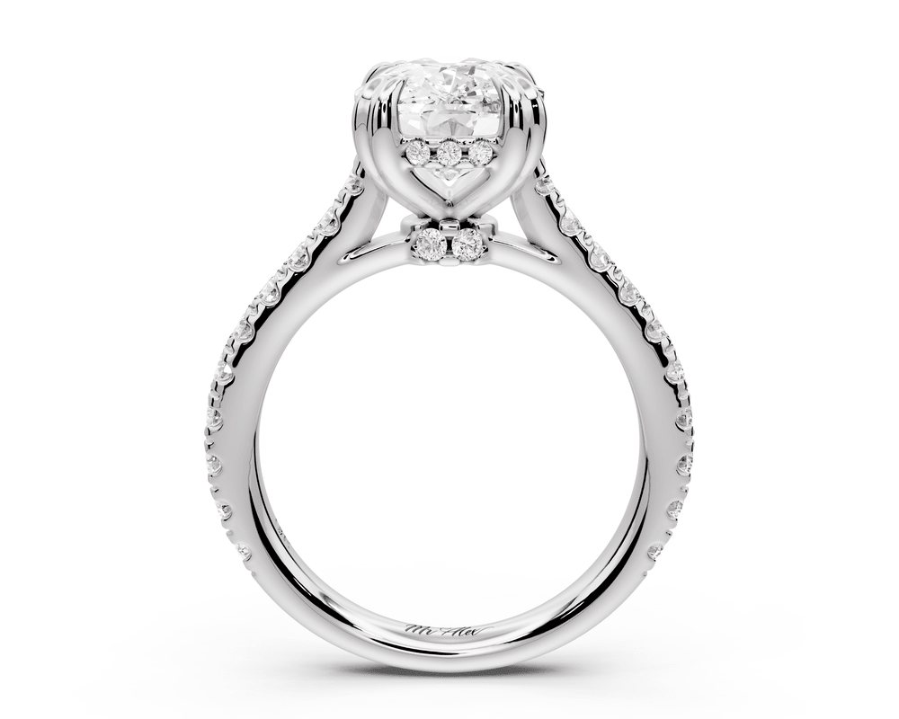 Isabella - 4ct 14k white gold ecushion hidden halo diamond bridge cathedral pavé engagement ring - Mr. Alex Jewelry