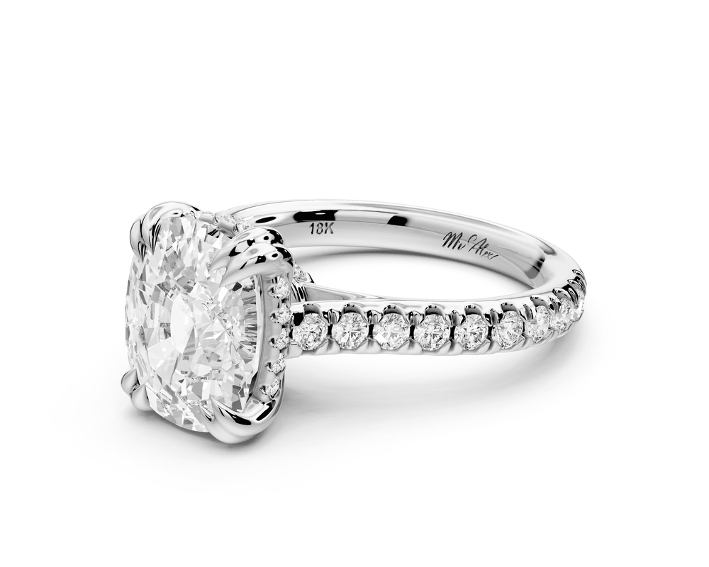 Isabella - 4ct 14k white gold ecushion hidden halo diamond bridge cathedral pavé engagement ring - Mr. Alex Jewelry