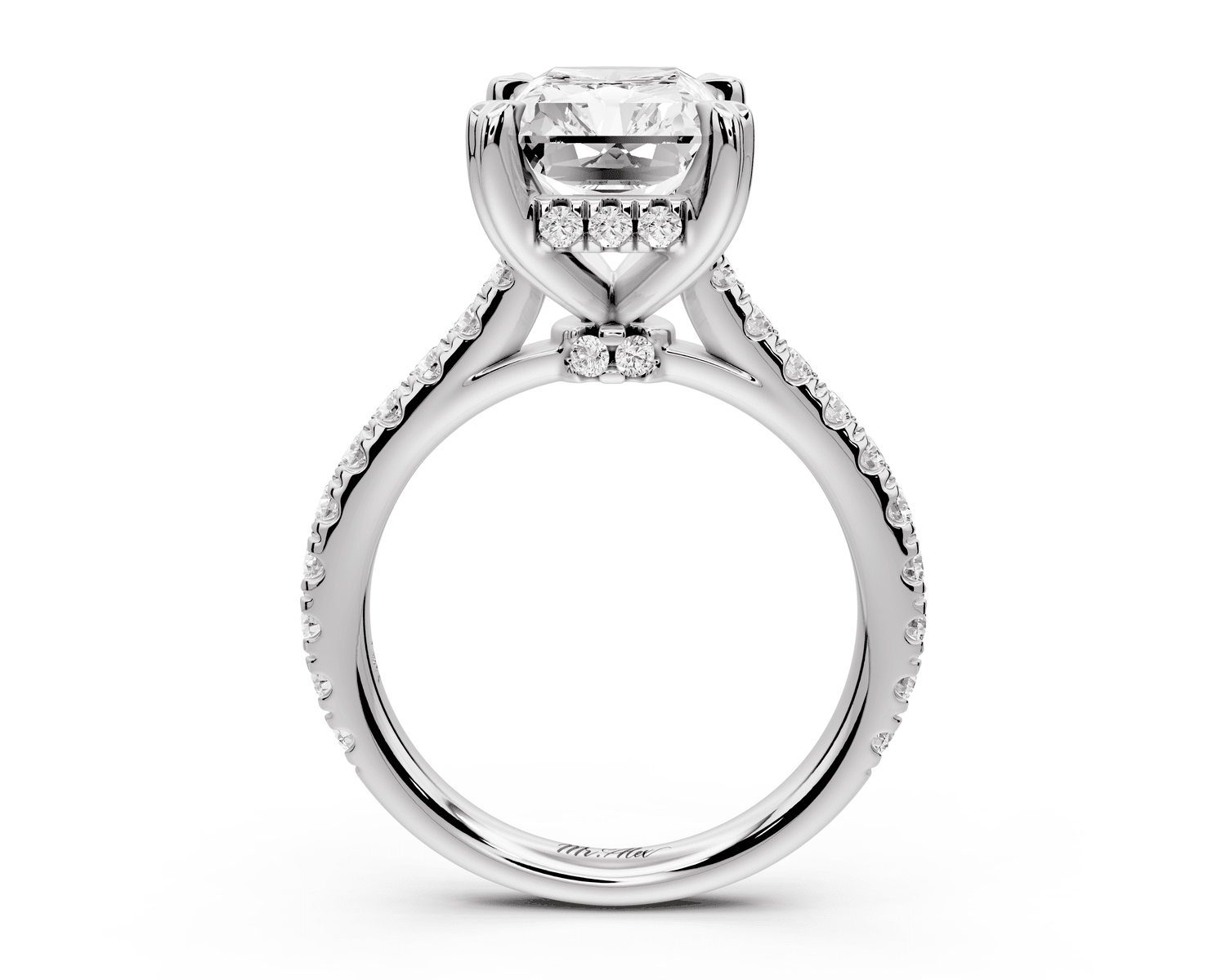 Isabella - 4ct 14k white gold radiant hidden halo diamond bridge cathedral pavé engagement ring - Mr. Alex Jewelry