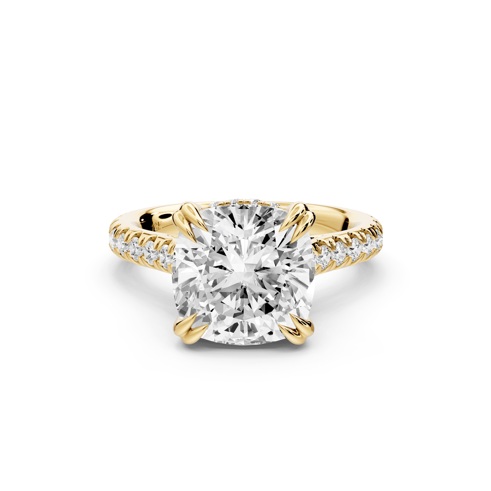 Isabella - 4ct 14k yellow gold cushion hidden halo diamond bridge cathedral pavé engagement ring - Mr. Alex Jewelry