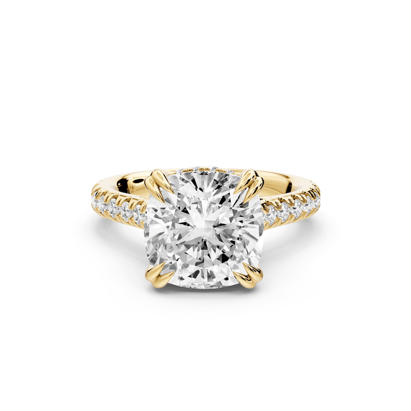 Isabella - 4ct 14k yellow gold cushion hidden halo diamond bridge cathedral pavé engagement ring - Mr. Alex Jewelry