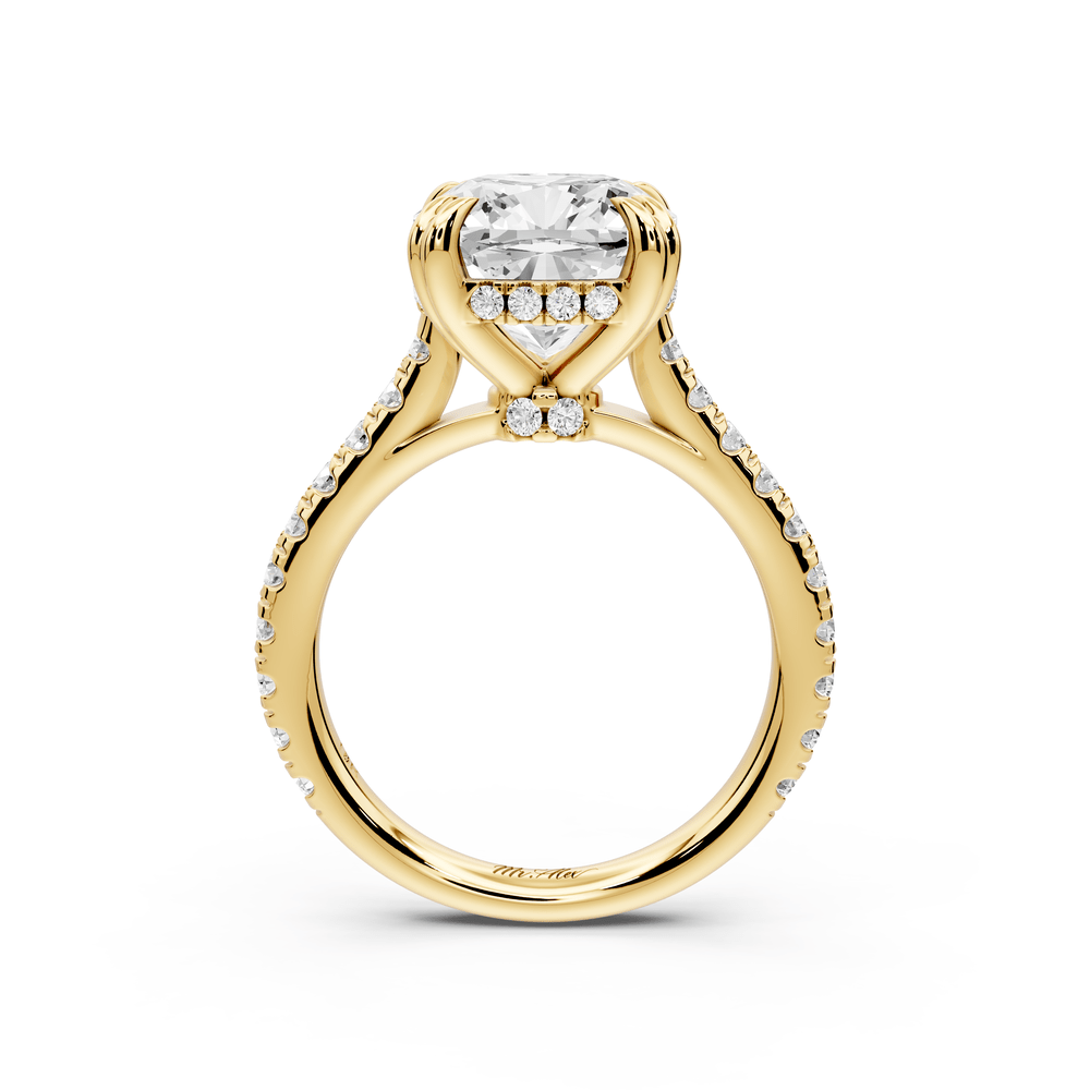 Isabella - 4ct 14k yellow gold cushion hidden halo diamond bridge cathedral pavé engagement ring - Mr. Alex Jewelry