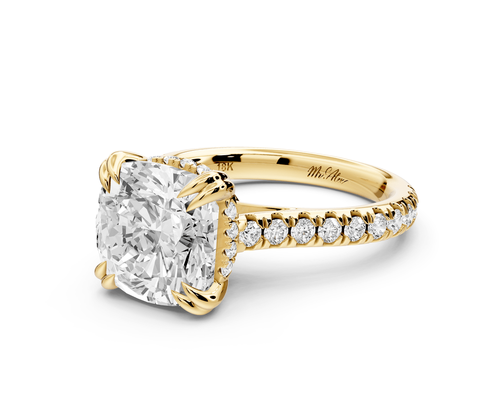 Isabella - 4ct 14k yellow gold cushion hidden halo diamond bridge cathedral pavé engagement ring - Mr. Alex Jewelry
